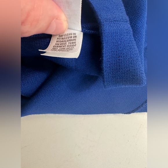 New ST. JOHN Cobalt Blue Dress Wool Shift Sheath Sweater Knit Navy Silk Trim - Picture 14 of 16